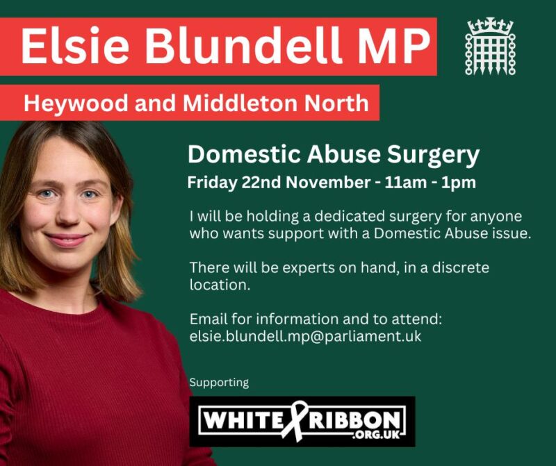 Details of the White Ribbon Domestic Abuse Surgery on Friday 22nd Nov at 11am