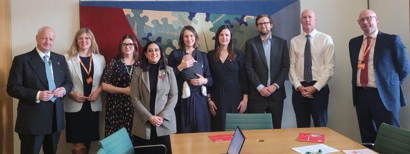 Photo from first formal APPG meeting - from left to right: Lord Simon Russell of Liverpool, Tamora Langley Head of Policy and Communications, Parent-Infant Foundation, Leigh Ingham MP, Kirith Entwistle MP, Elsie Blundell MP, Maya Ellis MP, Freddie van Mierlo MP, Dr Kieran Mullan MP and Keith Reed Chief Executive, Parent-Infant Foundation.