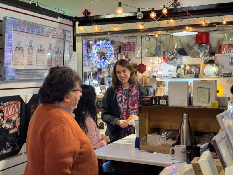 Elsie Blundell MP talking to small business owners in Heywood Market